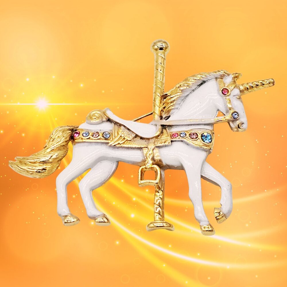 VTG Carousel Unicorn Brooch – White Enamel, Gold-Tone & Multi-Color Rhinestones - Picture 4 of 7